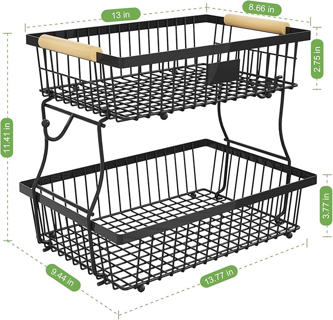 2 Tier Fruit Basket for Kitchen Counter with 2 Banana Hangers, Countertop Metal Fruit Bowl with Wooden Handle, Large Storage Stand for Vegetables, Snacks, Breads, Produce Storage – Black-CasaMuseHome