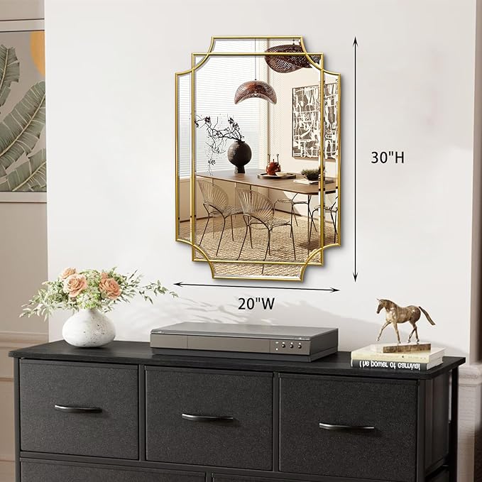 30x20 Inch Gold Bathroom Mirror, Wooden Frame with Scalloped Polished Beveled Glass, Modern Art Wall Decor for Vanity, Irregular Rectangle Mirror for Bedroom, Living Room, Fireplace & Entryway-CasaMuseHome