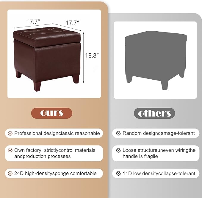 Adeco Bonded Leather Square Tufted Footstool, 18", Brown Storage Ottomans,-CasaMuseHome