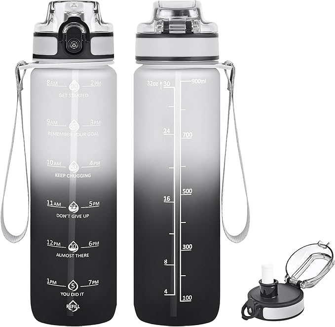 32oz Motivational Water Bottles with Time Marker & Fruit Strainer, Transparent Gradient Color Water Bottle with Times to Drink, Leakproof & BPA Free, Reusable Bottle with Strap (No Straw)-CasaMuseHome