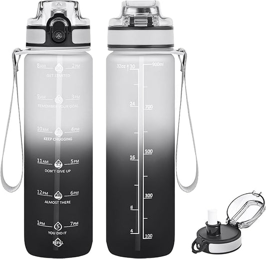 32oz Motivational Water Bottles with Time Marker & Fruit Strainer, Transparent Gradient Color Water Bottle with Times to Drink, Leakproof & BPA Free, Reusable Bottle with Strap (No Straw)-CasaMuseHome