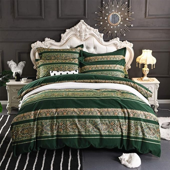 ABREEZE Bohemian Vintage Queen Size Floral Cotton Bedding Set 3Pcs Duvet Cover Set Boho Green Paisley 100% Egyptian Brushed Cotton Reversible Home Bedding Collection-CasaMuseHome