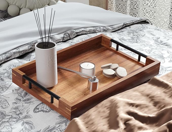 Acacia Wood Serving Tray with Metal Handles,15x10in Ottoman Decorative Trays Platter for Coffee Table,Living Room,Bar,Party(Medium)-CasaMuseHome