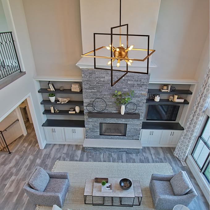 31.5'' Large Modern Lantern Chandeliers, 12-Light Black Gold Geometric Pendant Light Fixture, Industrial Hanging Chandelier for Entryway Foyer Hallway Dining Room, Kitchen Island-CasaMuseHome