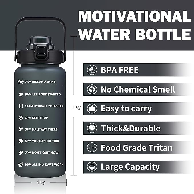 64oz,100oz,128oz Large Motivational Water Bottle with Time Marker, Leakproof & BPA Free Half Gallon Big Water Bottle with Straw Handle Tritan Frosted Water Jug for Gym,Fitness,Outdoor Sports-CasaMuseHome