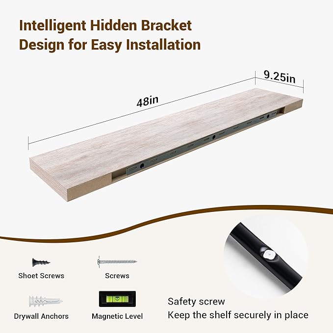 48 Inch Floating Shelves, 3D Textured Wood Grain, 48"x9.25"x1.5" Inch Deep Floating Shelves for Wall, Wooden Shelves for Bathroom, Bedroom, Living Room, Washed White-CasaMuseHome