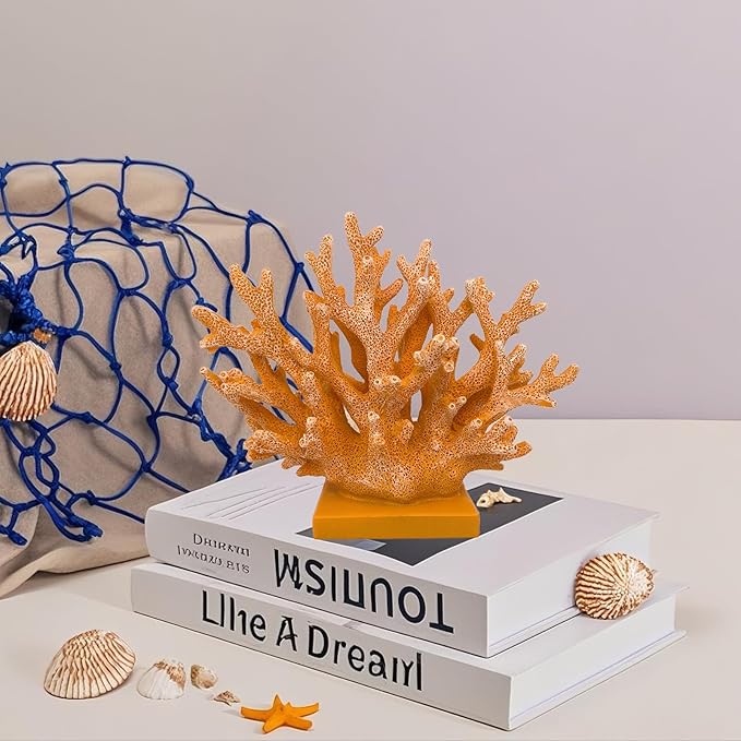 5.8" H Orange Coral Decor - Resin Coral Statue, Nautical Decor for Home, Bedroom, Bathroom, Living Room, Ocean Themed Cabinet Shelf Tabletop Decoration-CasaMuseHome