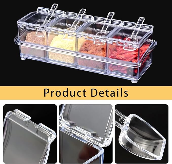 4-Cell Clear Seasoning Rack Spice Box, Storage Container Condiment Jars Acrylic Seasoning Box with Cover and Spoon (Basic Clear)-CasaMuseHome