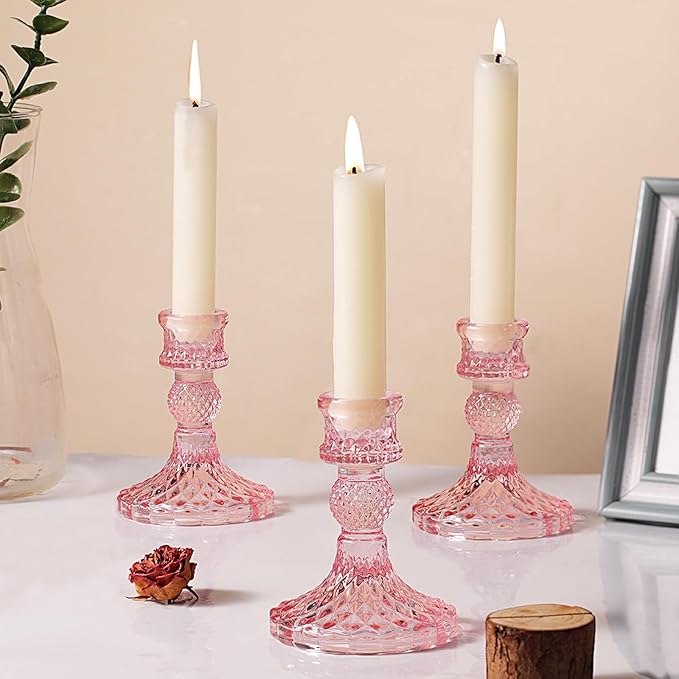 12Pcs Pink Candlestick Holders Set- 4" H Taper Candle Holders Bulk, Glass Candle Holders for Wedding, Party, Romantic Dinner Table Centerpieces, Festival Gifts & Windowsill Decor-CasaMuseHome