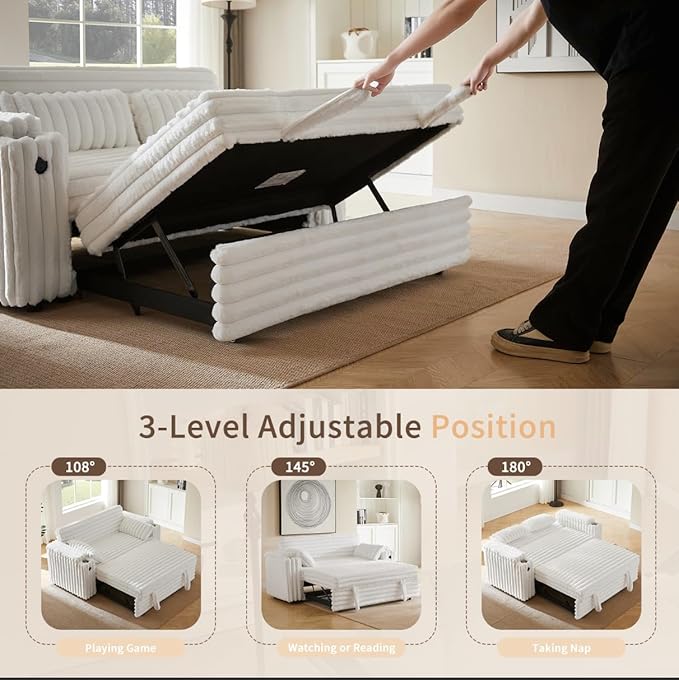 68.11" Corduroy Sleeper Chair Bed with USB Port, Cup Holders & Side Storage Pockets – 3-in-1 Foldable Sofa Bed for Guest Room, Living Room -White-CasaMuseHome