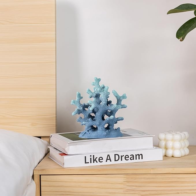 7.1" H Blue Coral Decor, Resin Coral Statue, Nautical Decorations for Home, Bedroom, Bathroom, Living Room, Beach/Coastal/Ocean Themed Cabinet Shelf Tabletop Decor-CasaMuseHome