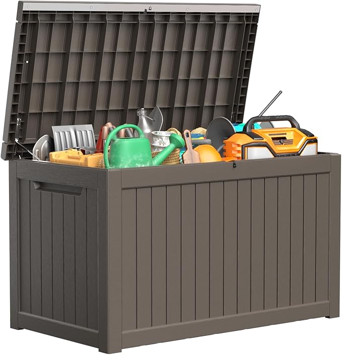 230 Gallon Resin Deck Box, Lockable Patio Outdoor Storage Box for Furniture, Garden Tools and Tools Storage, Waterproof Outside Storage Boxes - Grey-CasaMuseHome