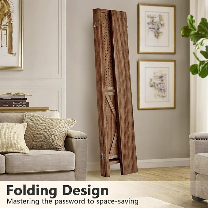 4 Panel Pegboard Display with 16 Hooks, Wooden Pegboard Room Divider Wall with Shelf, Rustic Room Dividers and Folding Privacy Screens, Bedroom, Jewelry Store, Brown-CasaMuseHome