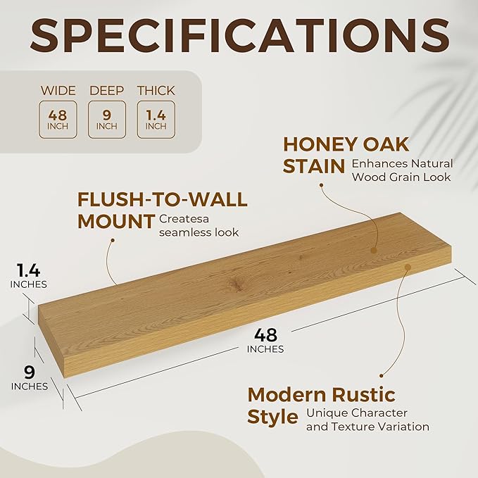 48 inch Floating Shelves for Wall Large Wall Mounted Shelves with Invisible Brackets, Oak Long Shelves for Bathroom, Living Room, Kitchen, Office, 48x9.1 inch deep Set of 2-CasaMuseHome