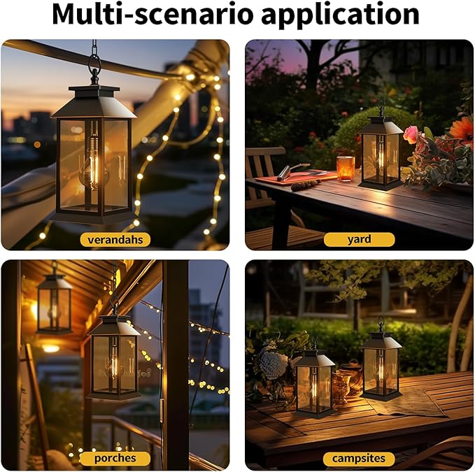 2 Pack Hanging Solar Lanterns Glass Solar Lights Outdoor Waterproof Upgraded Solar and 2 AA Batteries Powered, for Outside Porch, Patio and Indoor Tables, Mantelpiece-CasaMuseHome