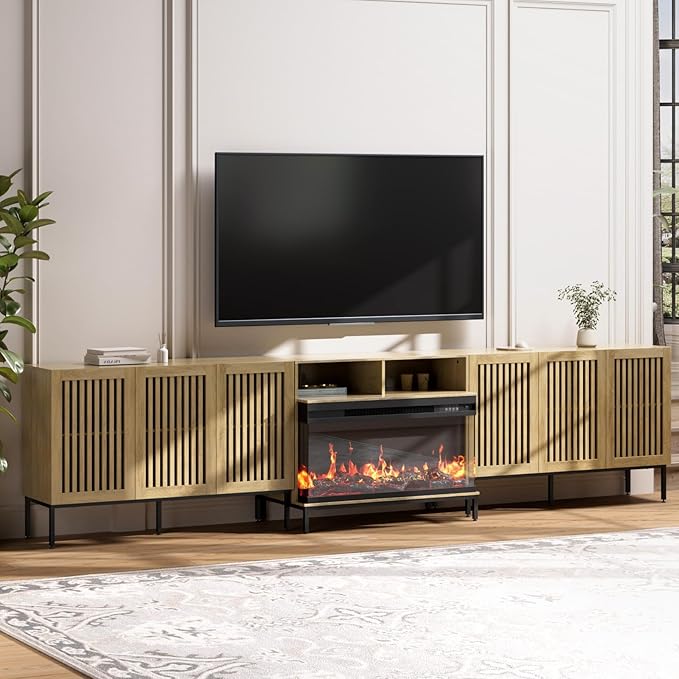 3-Sided Glass Farmhouse Fireplace TV Stand for TVs Up to 110 Inch, Oak Entertainment Center with 36" Electric Fireplace, TV Console with Storage Cabinets for Living Room-CasaMuseHome