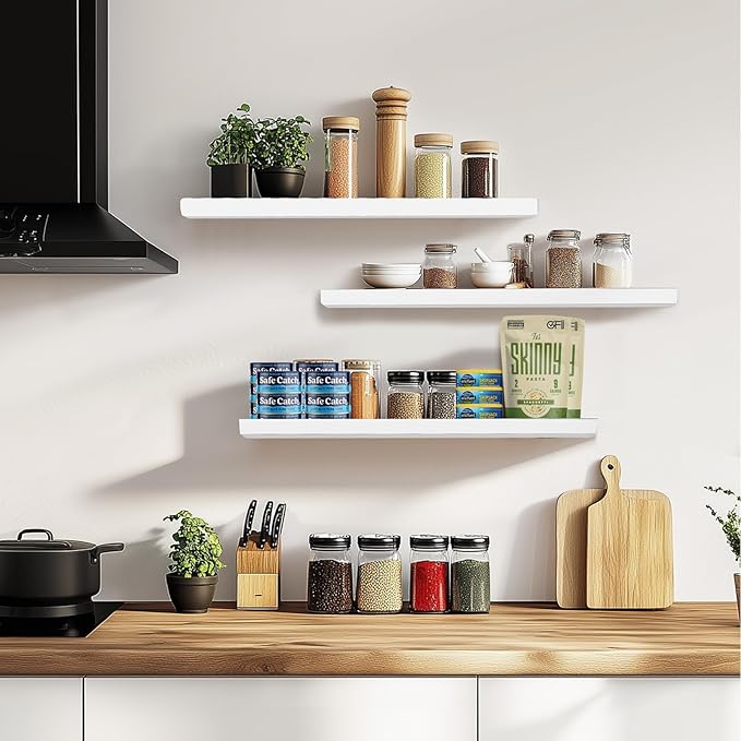 3-Pack Floating Wall Shelves, 24-Inch Rustic White Wooden Shelves for Storage and Décor, Easy Installation for Living Room, Bedroom, and Kitchen-CasaMuseHome