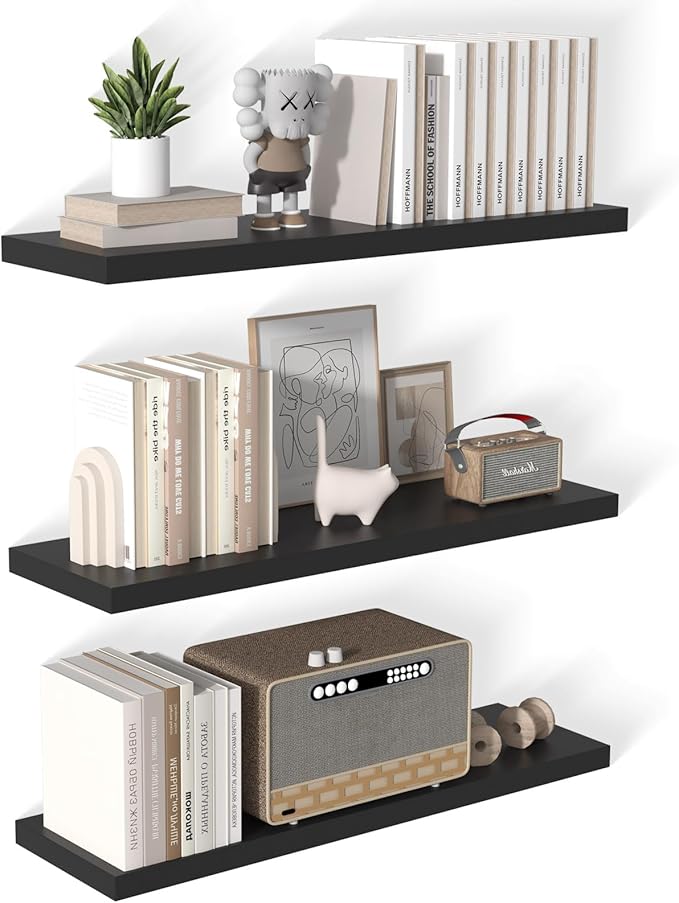 40 Inch Floating Shelf 3 Pack Large Floating Shelves for Wall No Drilling Accessories Included Deep Wall Shelves for Living Room Kitchen Farmhouse 40" W x 12" D x 1.2" Black-CasaMuseHome