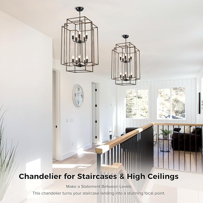 30" Black Farmhouse Chandelier, 10-Light Foyer Lighting Fixtures, Lantern Tiered Pendant Light Fixtures, Metal Wood Grain Finish Rustic High Ceiling Chandelier for Dining Room Entryway Staircase-CasaMuseHome