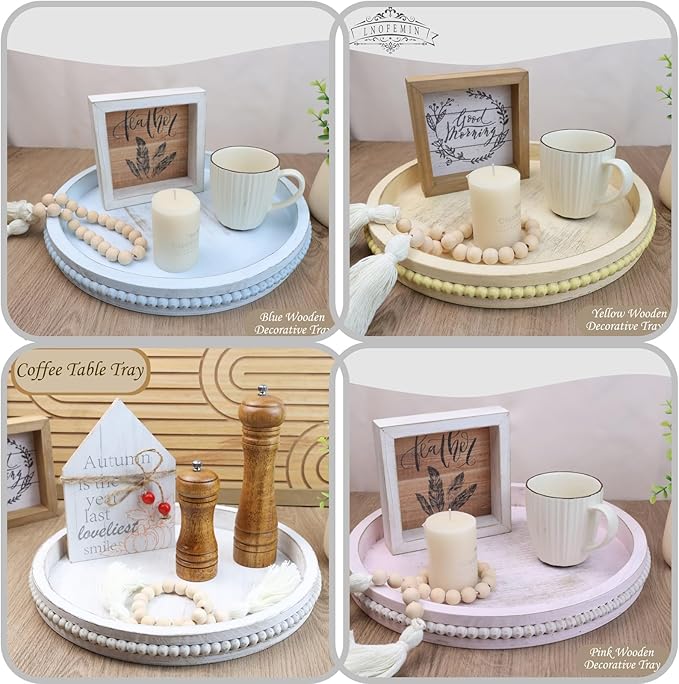 Round Wood Serving Tray with Beads, Blue Washed Wooden Decorative Tray for Entertaining, Decoration, and Gifting-CasaMuseHome