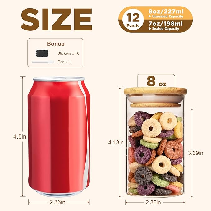 8oz Glass Food Storage Jars, Glass Jars with Bamboo Lids, Kitchen Storage Jars, Set of 12, Canisters with Airtight Lids for Spice, Coffee, Cookie, Pantry Organizers-CasaMuseHome