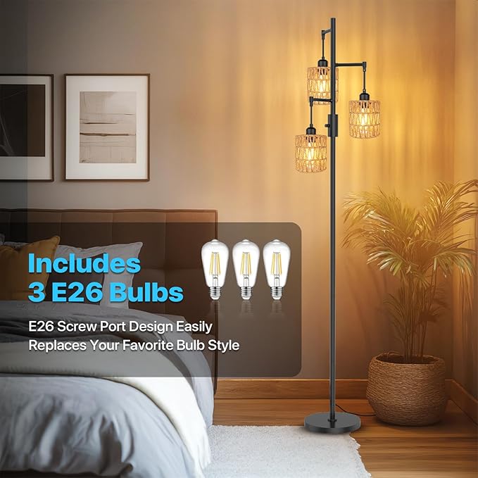 3-Light Boho Floor Lamp for Living Room, Rattan Wicker Standing Lamp Palm Tree Design, Farmhouse Coastal Floor Light with Woven Shade, Tall Bohemian Lamp-CasaMuseHome