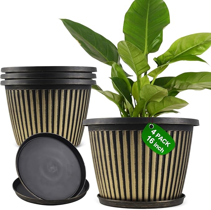 16 inch Large Planter Indoor Outdoor Plant Pots, 4 Pack Plastic Flower Pots with Saucer And Drainage Holes, Modern Garden Planters For Planting Medium Large Plants, Decorative Resin Garden Pots-CasaMuseHome