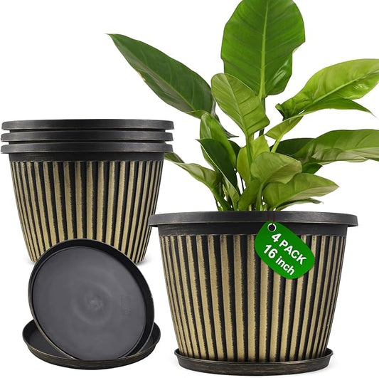 16 inch Large Planter Indoor Outdoor Plant Pots, 4 Pack Plastic Flower Pots with Saucer And Drainage Holes, Modern Garden Planters For Planting Medium Large Plants, Decorative Resin Garden Pots-CasaMuseHome