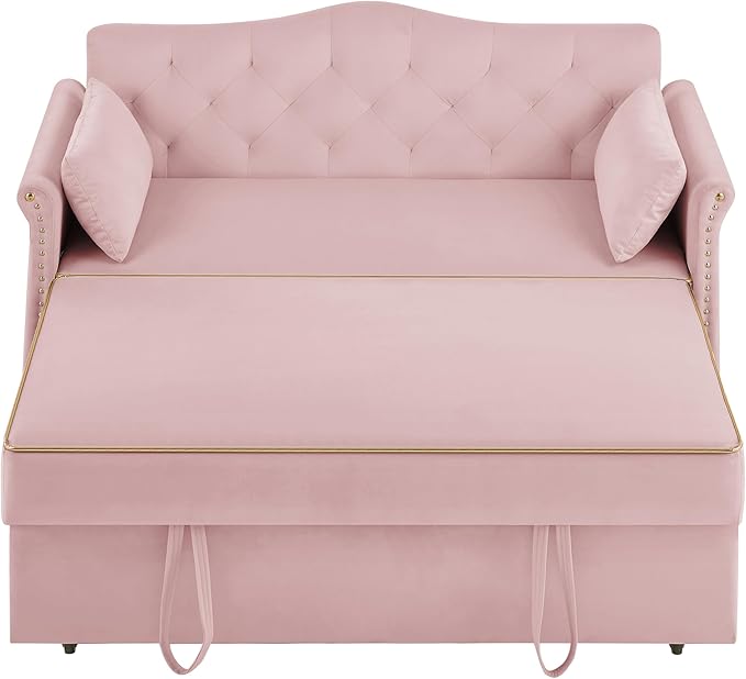 57" Velvet Pull-Out Sofa Bed, 3-in-1 Convertible Loveseat with Gold Trim Strips and Adjustable Backrest, Perfect for Living Rooms, Offices and Apartments (Pink)-CasaMuseHome