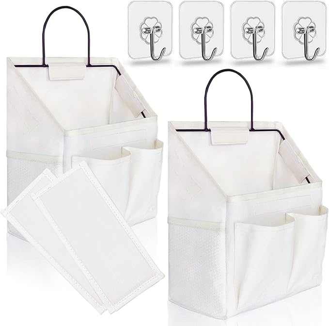 2pcs Small Wall Hanging Organizer Bag, Linen Fabric Door Hanging Storage Basket with Pockets, Waterproof Bin for Kitchen, Bedroom, Office, RV Camper (White)-CasaMuseHome