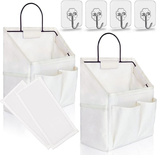 2pcs Small Wall Hanging Organizer Bag, Linen Fabric Door Hanging Storage Basket with Pockets, Waterproof Bin for Kitchen, Bedroom, Office, RV Camper (White)-CasaMuseHome