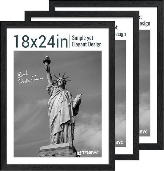 18x24 Poster Frame 3 Pack - Black Woodgrain, Solid Wood Gallery Picture Frame - Wall Hanging-CasaMuseHome