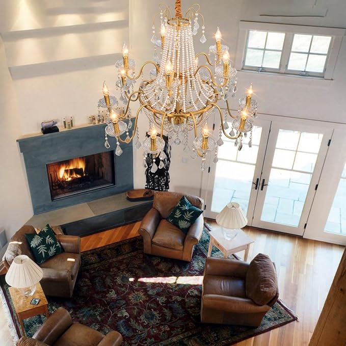 40" Large Brass Crystal Chandeliers,Gold Brushed Brass Chandelier for High Ceiling Living Room Dining Room Staircase Hallway Entryway Foyer(15-Light, Bulb Included)-CasaMuseHome