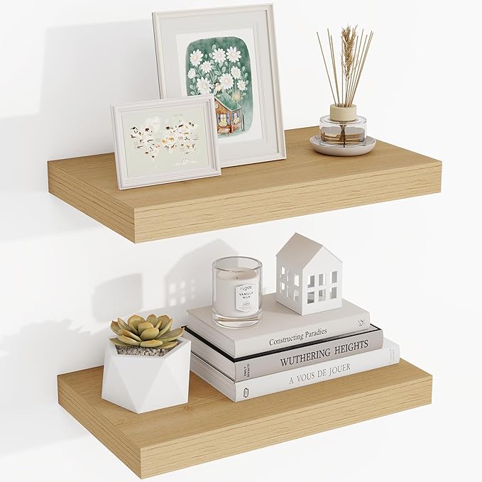 16 Inch Floating Shelves, 3D Textured Wood Grain, 16"x9.25"x1.5" Inch Deep Floating Shelves for Wall, Wooden Shelves for Bathroom, Bedroom, Living Room, Natural-CasaMuseHome