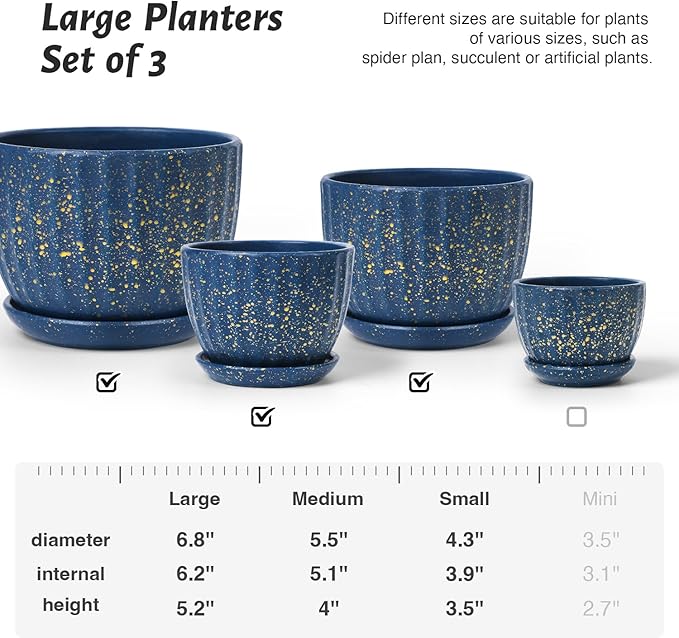 4/5/6 Inches Ceramic Plant Pots with Drainage Holes and Saucers, Round Flower Pots for Indoor Plant, Modern Flower Planters Set of 3 (Blue with Dot-Big Size)-CasaMuseHome