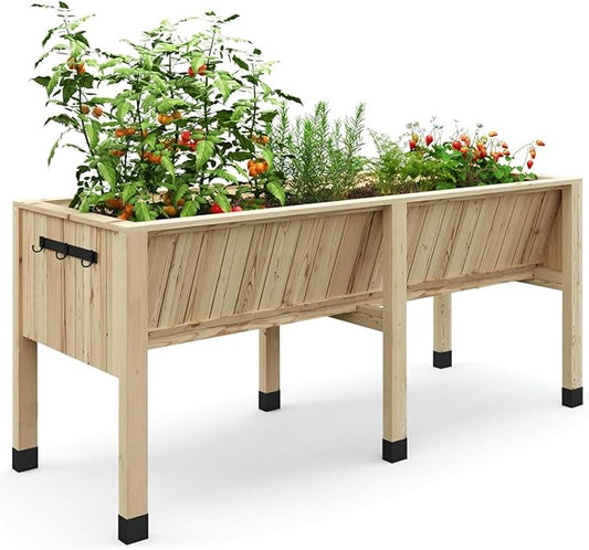 72x26x31 Inch Raised Garden Bed with Legs, 13.7In Depth Wooden Planter Box for Outdoor Growing Vegetables and Herbs, Elevated Garden Bed with Hooks for Backyard, Patio, Balcony-CasaMuseHome