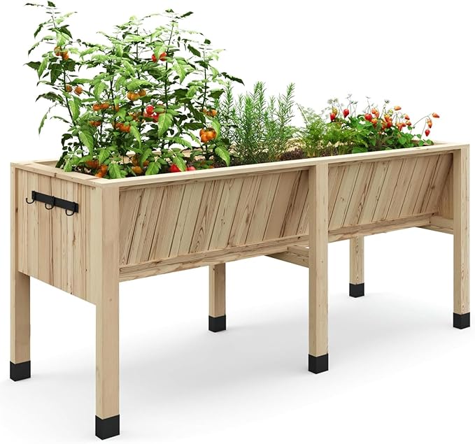 45x23x30 Inch Raised Garden Bed with Legs, 13.7In Depth Wooden Planter Box for Outdoor Growing Vegetables and Herbs, Elevated Garden Bed with Hooks for Backyard, Patio, Balcony-CasaMuseHome