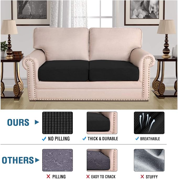 H.VERSAILTEX Super Stretch Individual Seat Cushion Covers Sofa Covers Couch Cushion Covers Slipcover Sets Thick Jacquard Textured Twill Fabric (2 Piece Medium Sofa Cushion Covers, Black)-CasaMuseHome