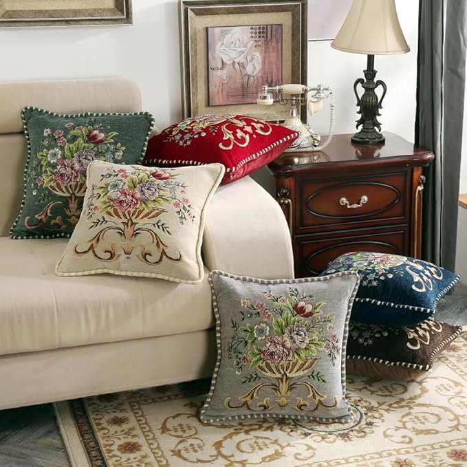 2 Pcs Grey Chenille Vintage Embroidered Throw Pillow Covers 18x18in,Grey Tassel Vintage Pattern Pillow Covers, Floral Embroidered Cushions Covers for Sofa Couch Bed Chairs Car-CasaMuseHome