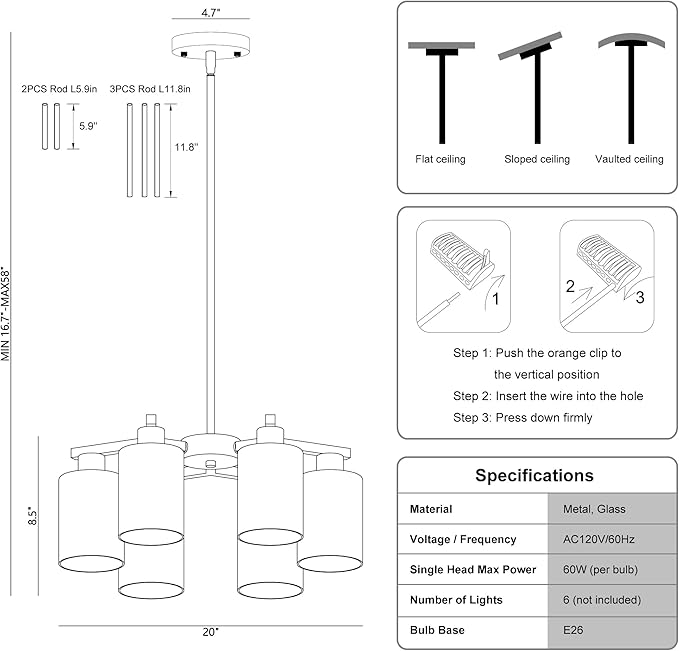 6-Light Modern Farmhouse Black Chandelier, Dining Room Light Fixture Over Table Adjustable Height Hanging Industrial Pendant Lights Kitchen Island, Clear Glass Shade-CasaMuseHome