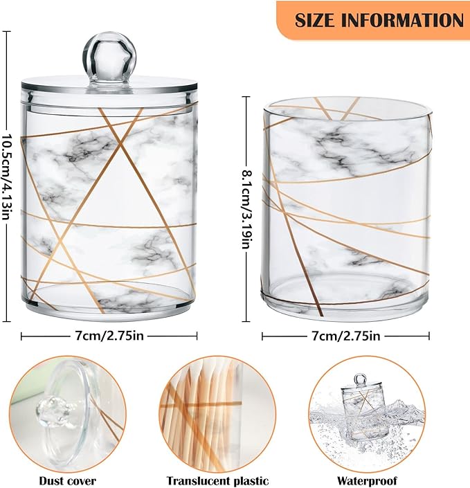 2 Pack Qtip Holder Dispenser White Marble Gold Line Bathroom Storage Canister Lid Acrylic Plastic Apothecary Jar Set Vanity Makeup Organizer for Cotton Swabs/Pads/Floss-CasaMuseHome