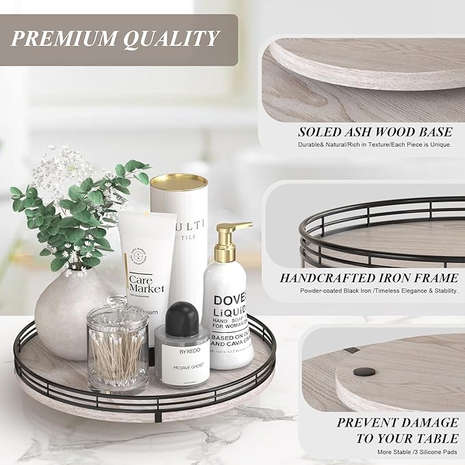 12" Farmhouse Lazy Susan for Kitchen & Coffee Table Decor – Rustic Wood Tray with Black Metal Frame, Decorative Centerpiece for Dining Room, Ottoman, Living Room, Serving or Vanity Use-CasaMuseHome