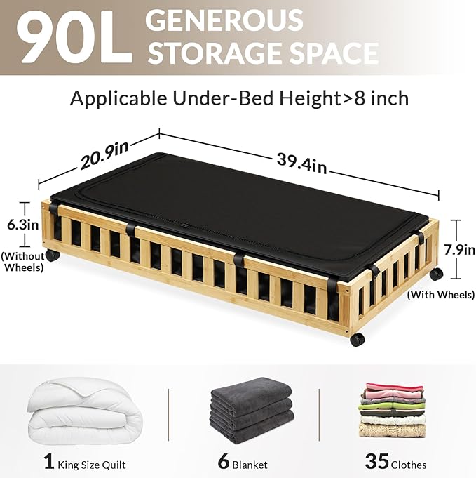 2 Pack Bamboo Under Bed Storage with Wheels, 39”x20”x7.8” Lager Under Bed Storage Containers (Natural)-CasaMuseHome