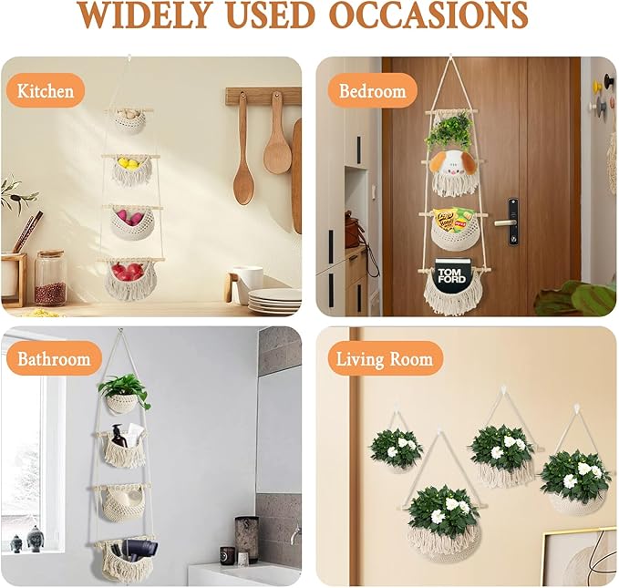 4 Tier Hanging Fruit Basket for Kitchen, Beige Boho Cotton Rope Crocheted Fruit Holder for Bathroom Bedroom, Detachable Wall Hanging Basket Shelves Over Door Organizer for Fruits Veggie Plant Decor-CasaMuseHome