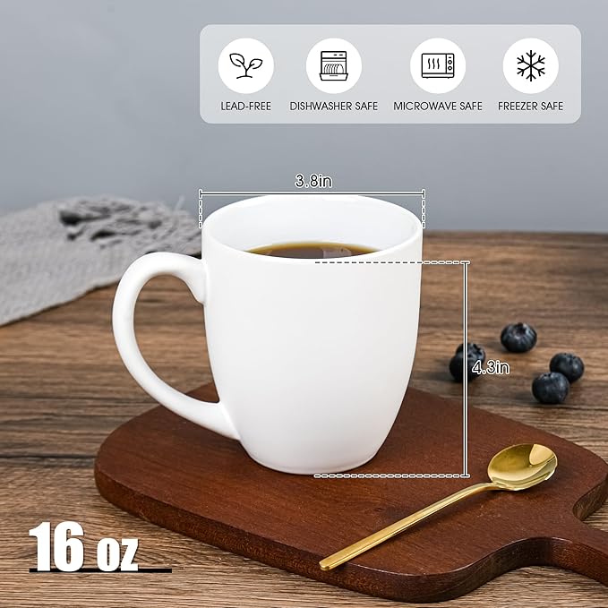 16oz Coffee Mugs Set of 6, Large Ceramic Modern Coffee Mugs With Handle For Tea,Latte,Cappuccino,Cocoa. Dishwasher.Microwave Safe (Matte White)-CasaMuseHome