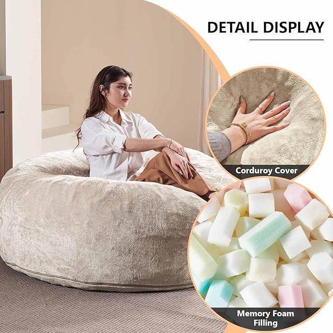 5FT，Big Bean Bag Chairs for Adults，Large beanbag with Filler Included，Memory Foam Material，Easy to Clean and Washable Corduroy Fabric，Suitable for Living Room and Bedroom (Apricot, 5 Foot)-CasaMuseHome