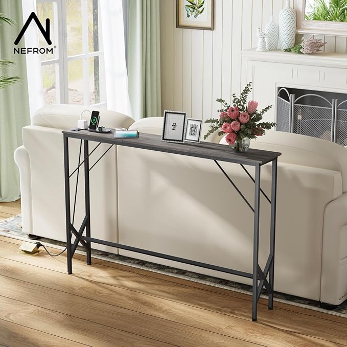 47.2'' Console Table, Skinny Entryway Table with Fast-Charging Station, Narrow Long Sofa Table, Behind Slim Couch Table for Entrance, Hallway, Living Room Decor ST-GY120-1-CasaMuseHome