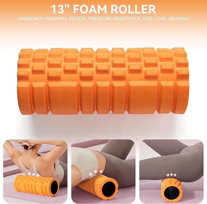 5 in 1 Foam Roller Set for Deep Tissue Muscle Massage, Trigger Point Fitness Exercise Foam Roller, Massage Roller, Massage Ball, Stretching Strap, for Whole Body (Orange Black)-CasaMuseHome