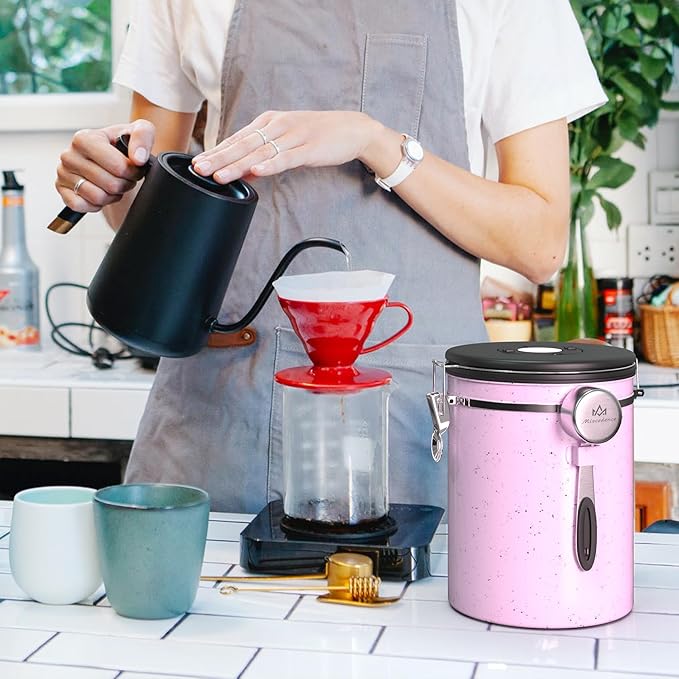 35OZ Coffee Canister for ground coffee with Date Tracker,pink 304 Stainless Steel Kitchen Food Airtight storage container for Coffee Beans or Grounds, Tea, Sugar-CasaMuseHome