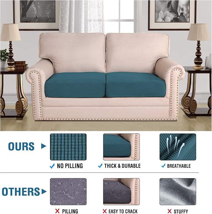 H.VERSAILTEX Super Stretch Individual Seat Cushion Covers Sofa Covers Couch Cushion Covers Slipcover Sets Thick Jacquard Textured Twill Fabric (2 Piece Medium Sofa Cushion Covers, Deep Teal)-CasaMuseHome